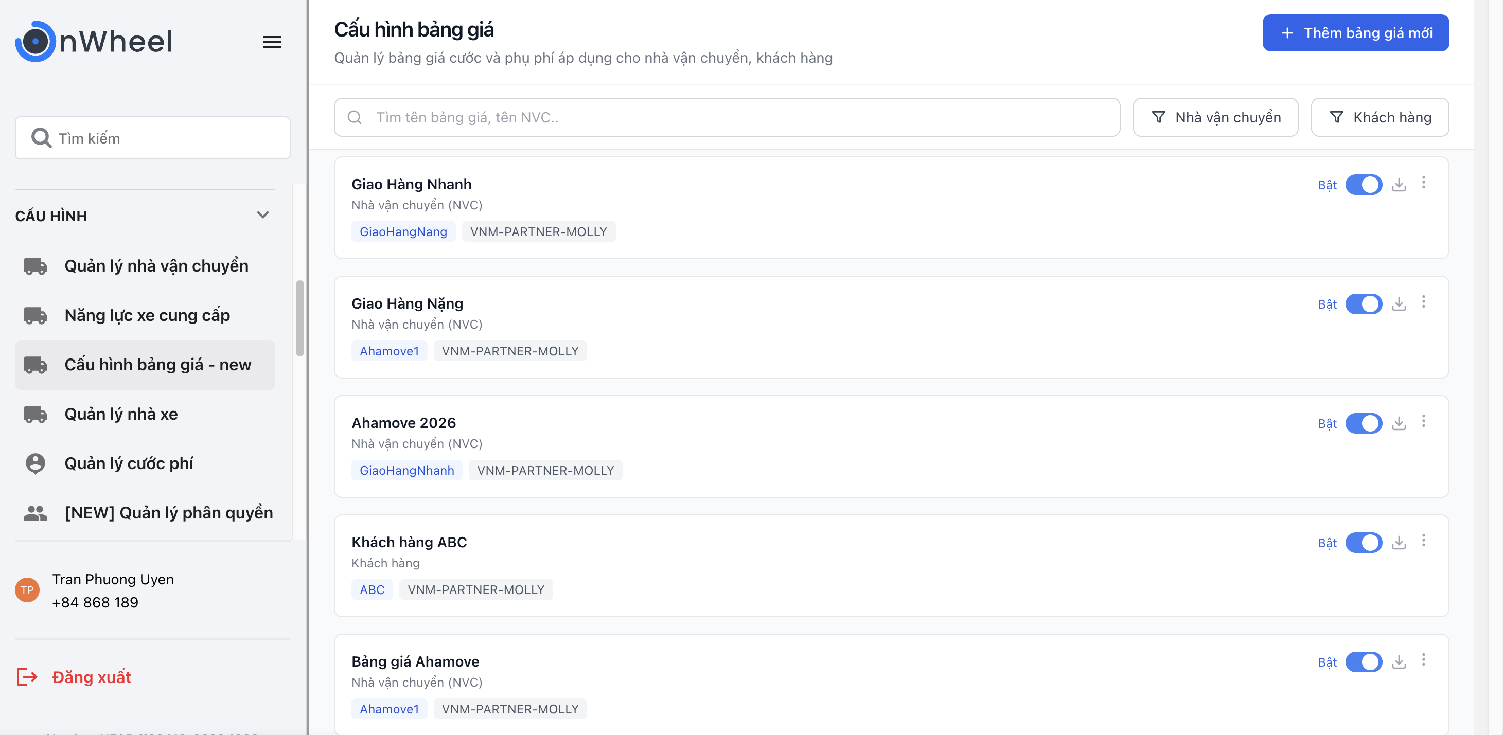 Màn hình danh sách cấu hình bảng giá