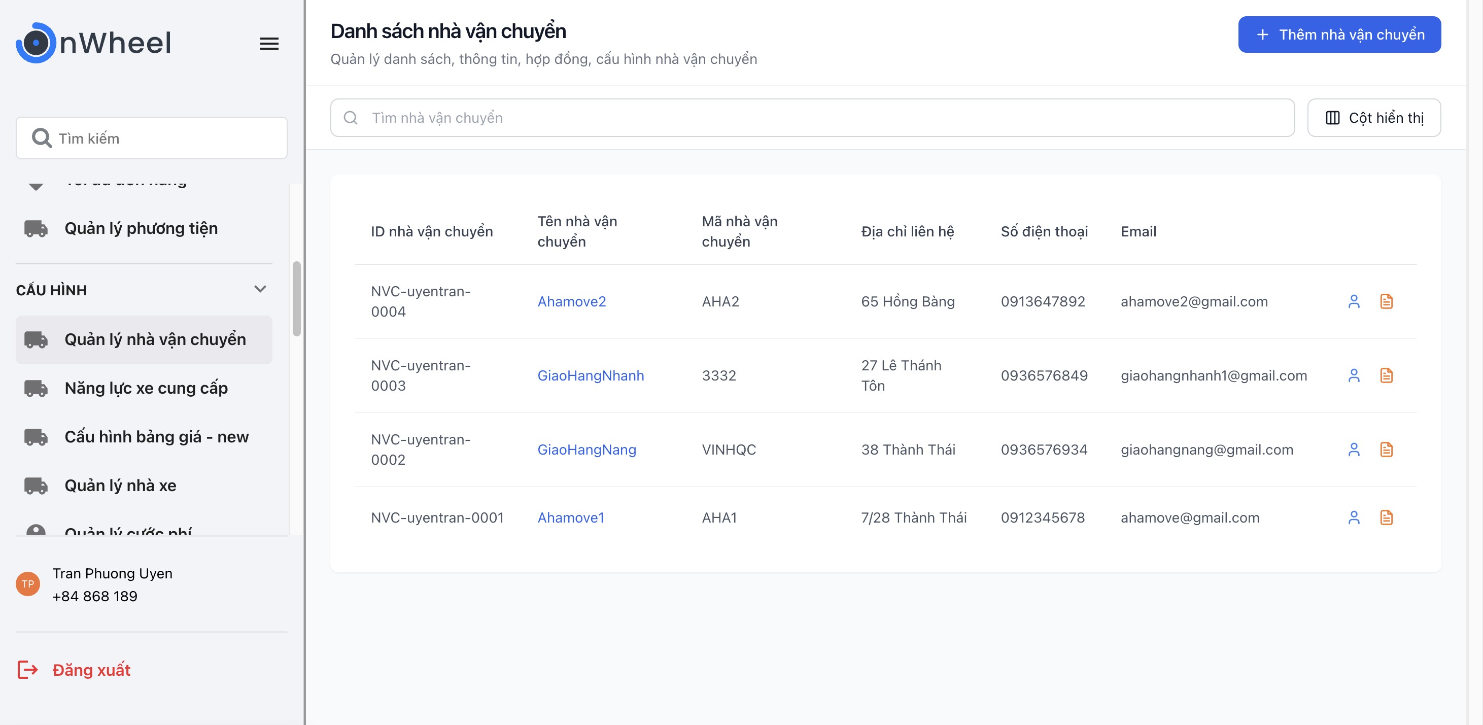 Màn hình Danh sách nhà vận chuyển