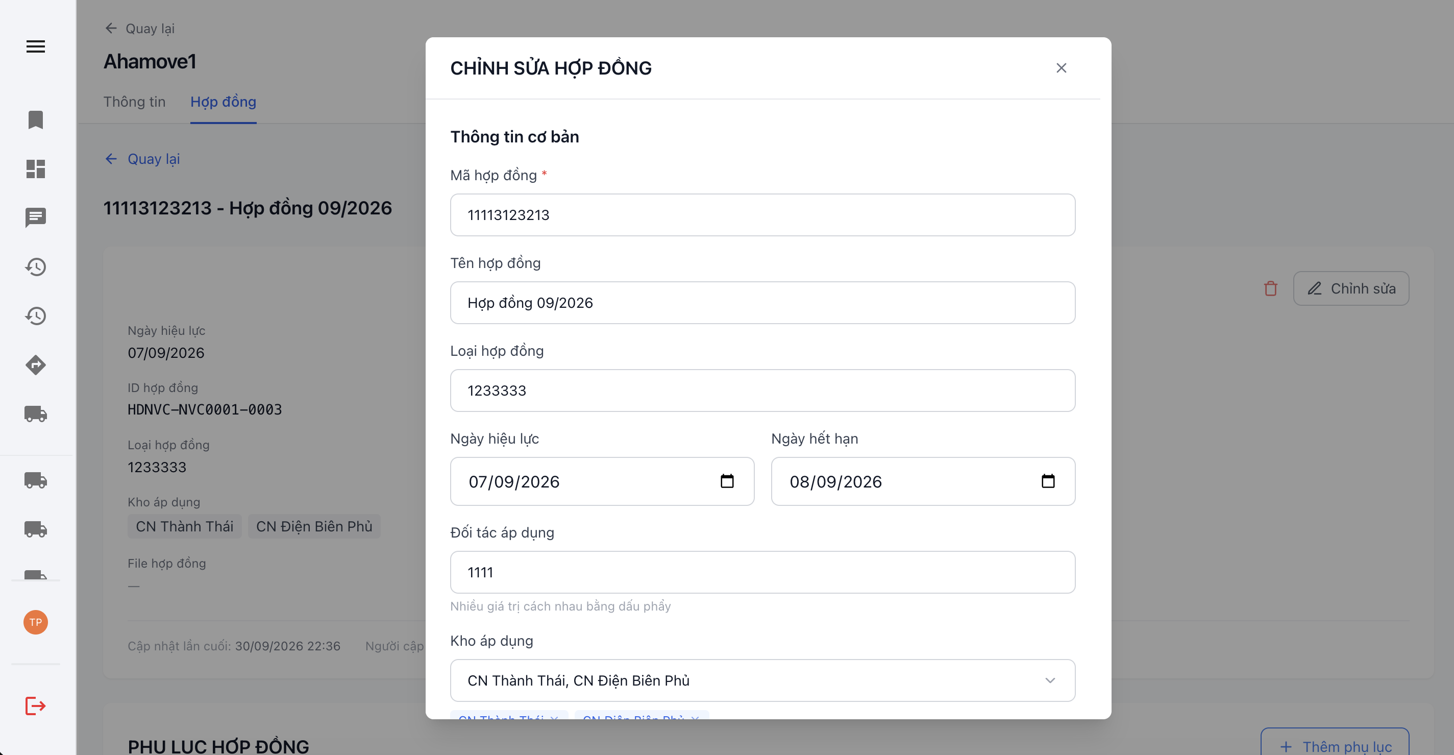 Popup chỉnh sửa hợp đồng