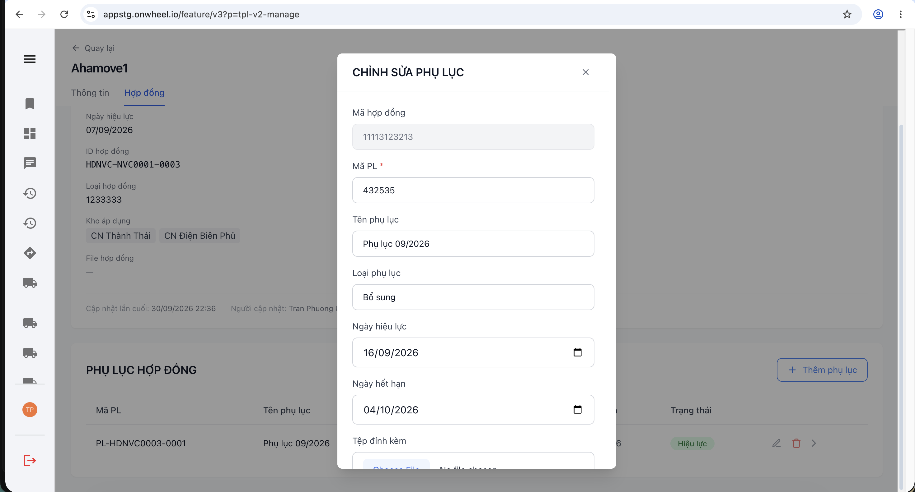 Popup Chỉnh sửa phụ lục hợp đồng