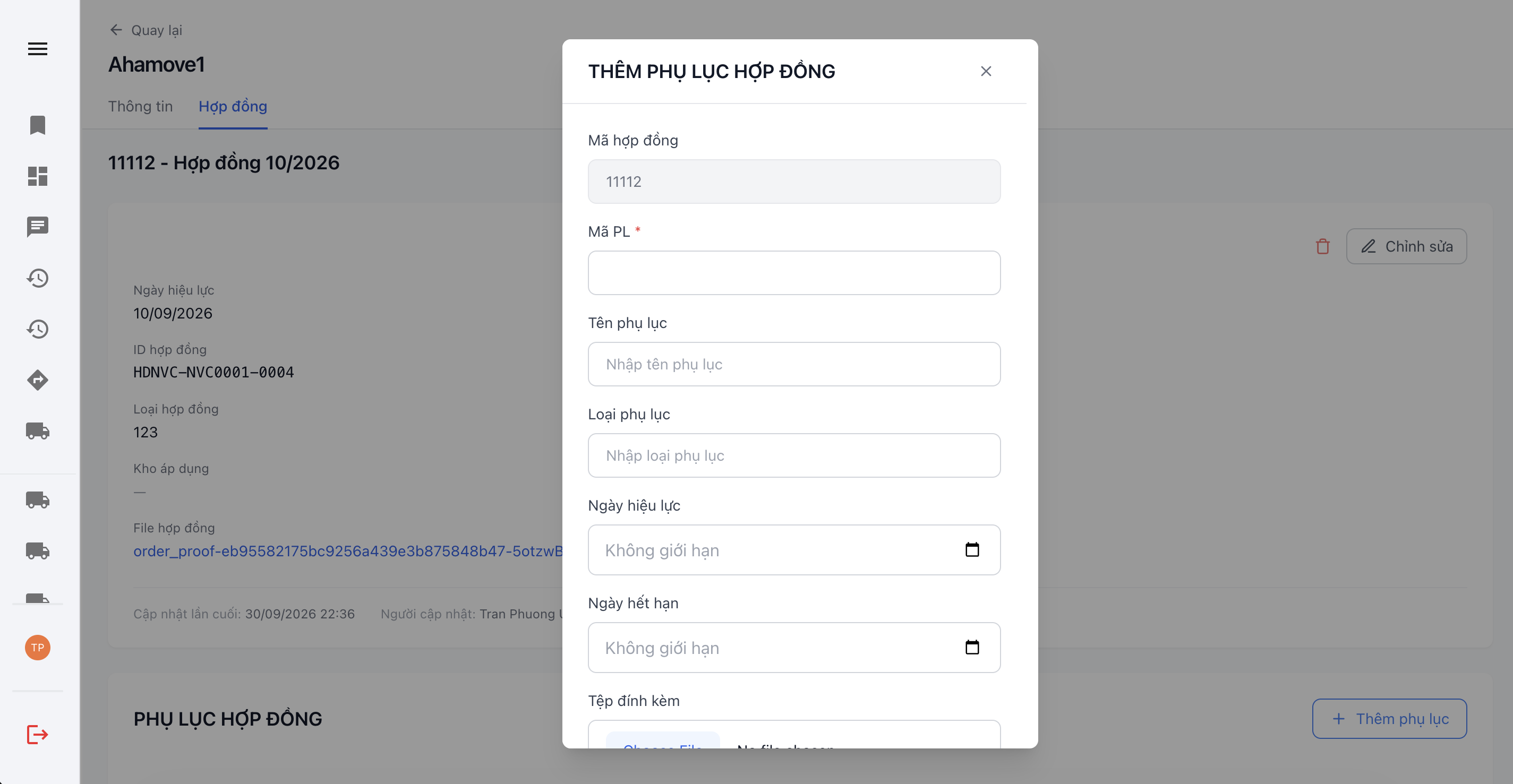 Popup Tạo phụ lục hợp đồng