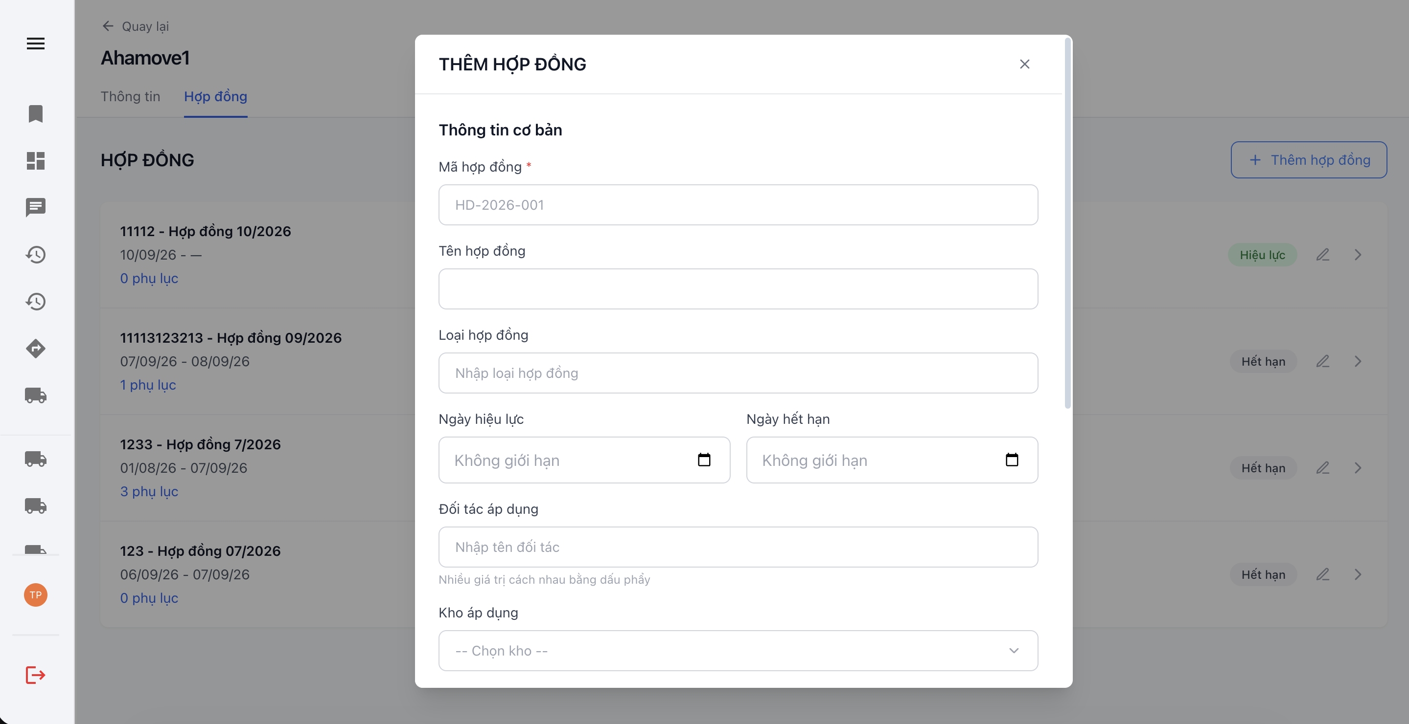 Popup thêm hợp đồng