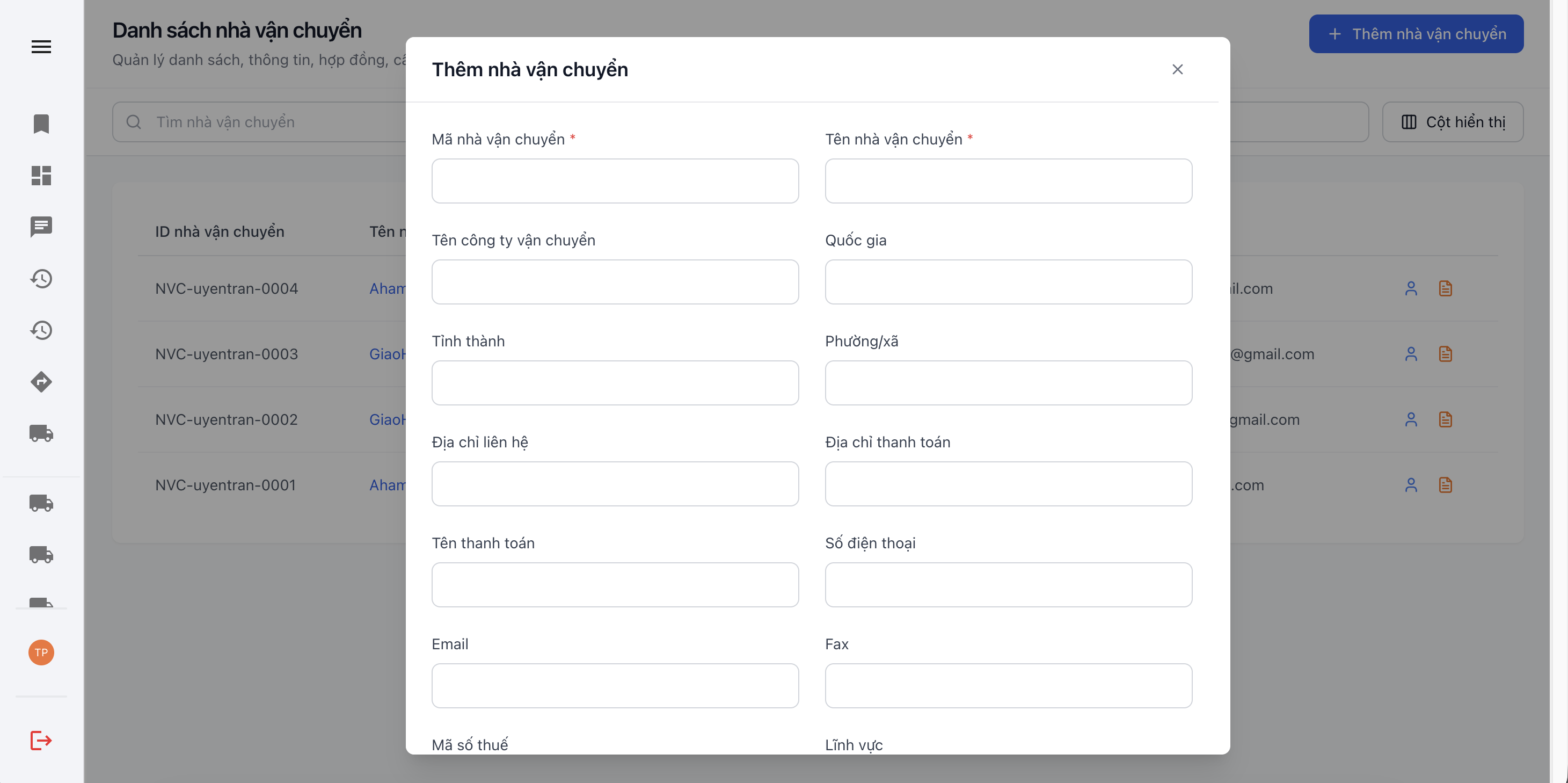 Popup thêm nhà vận chuyển
