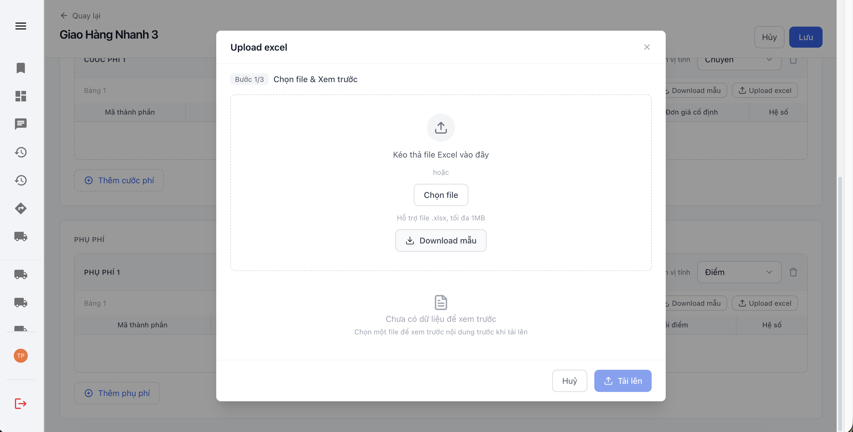 Popup upload file excel