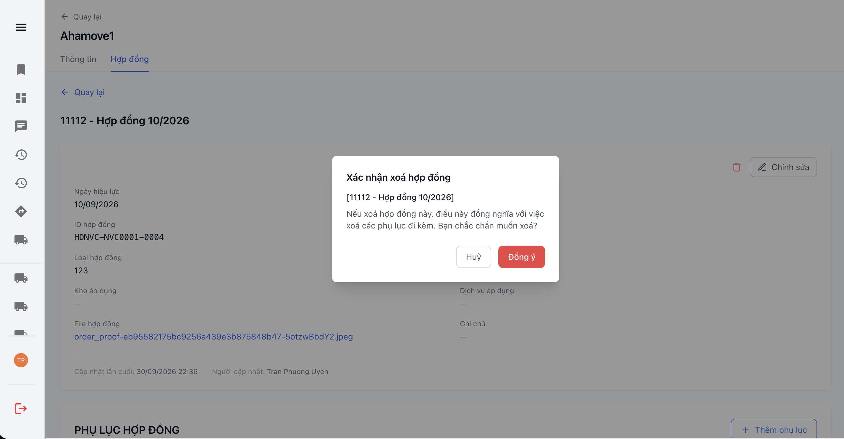 Popup xác nhận xoá hợp đồng