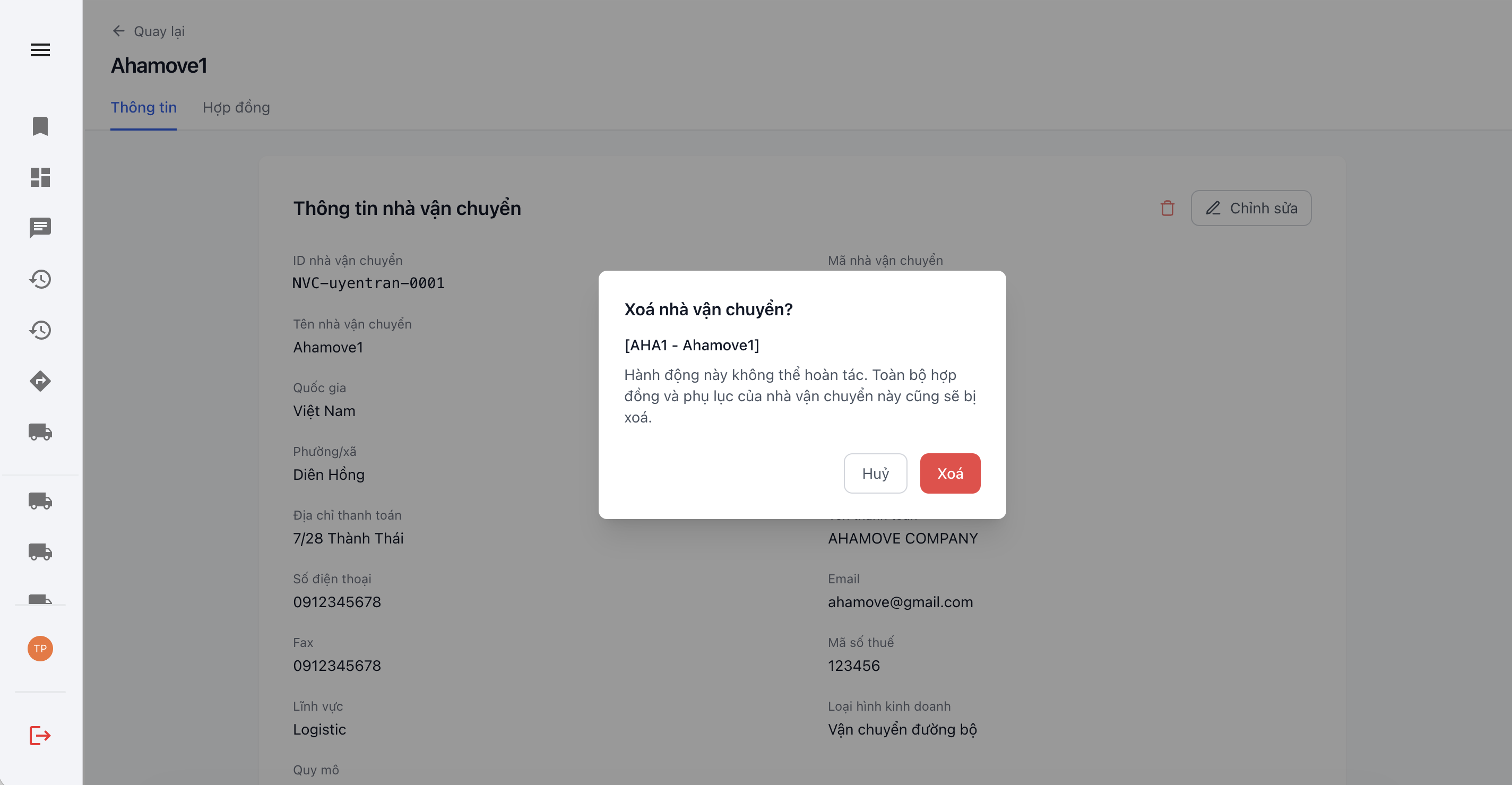 Popup xác nhận xoá nhà vận chuyển