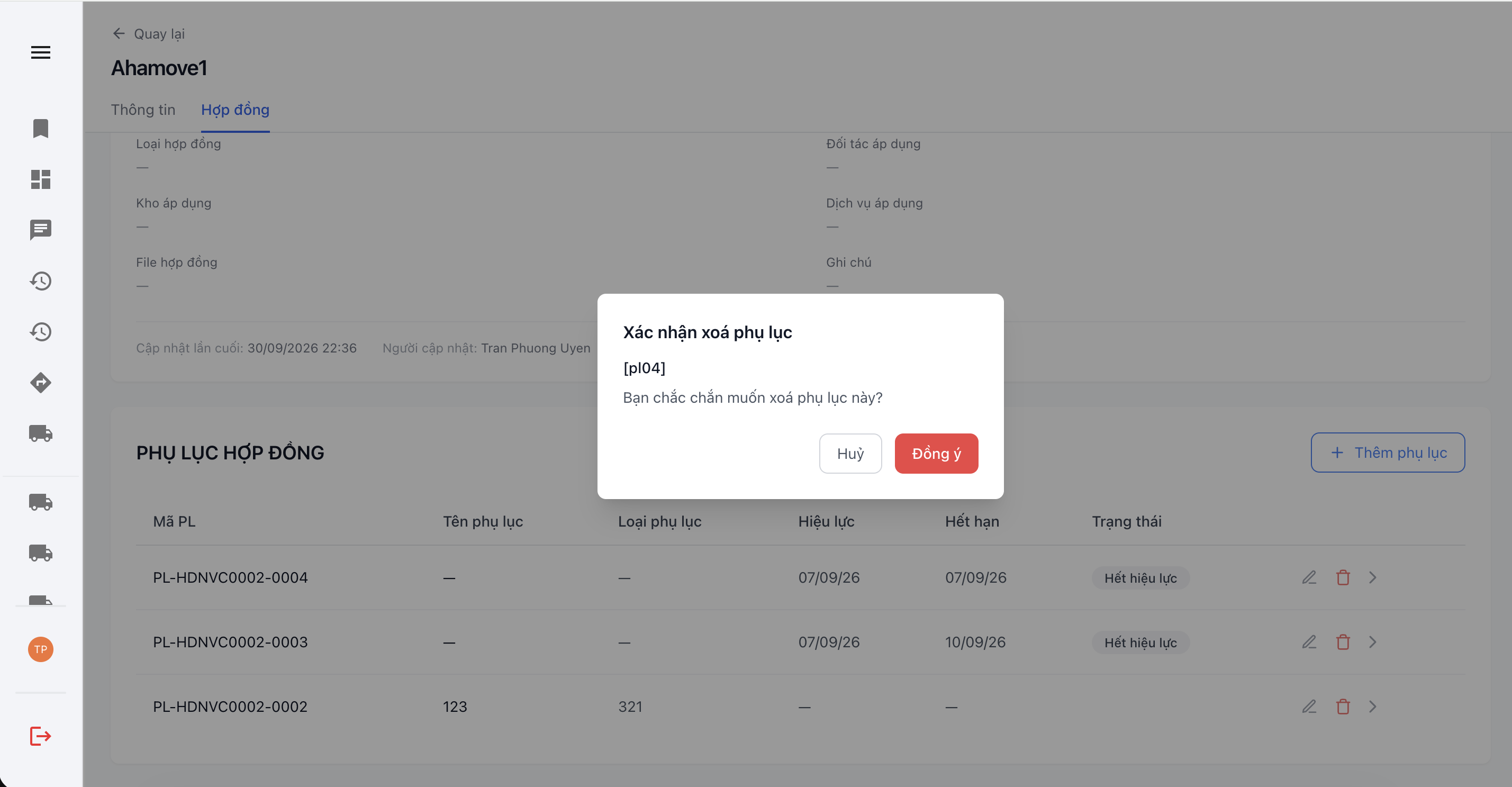 Popup xác nhận xoá phụ lục hợp đồng
