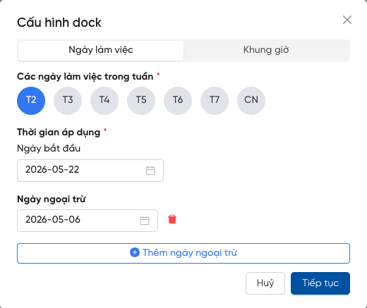 Working days configuration pop-up