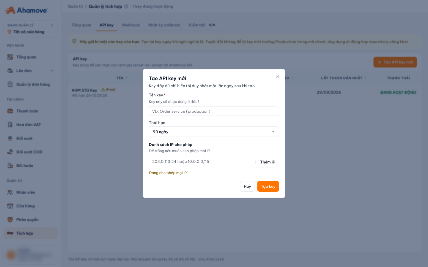Create new API key dialog: key name, validity period and allowed IP list