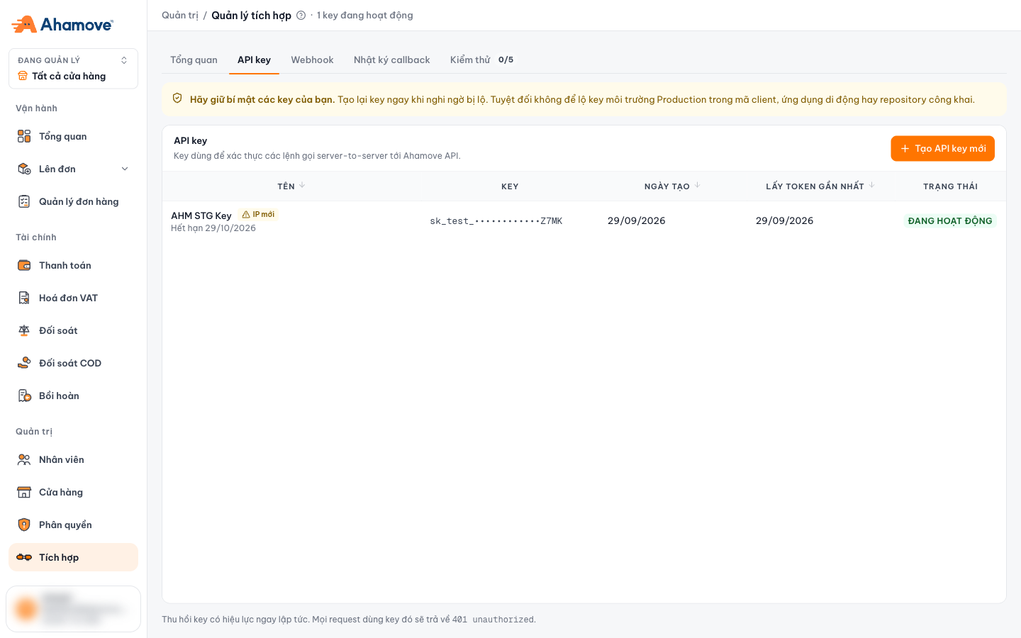 API key tab: list of keys, creation date, last token fetch and status