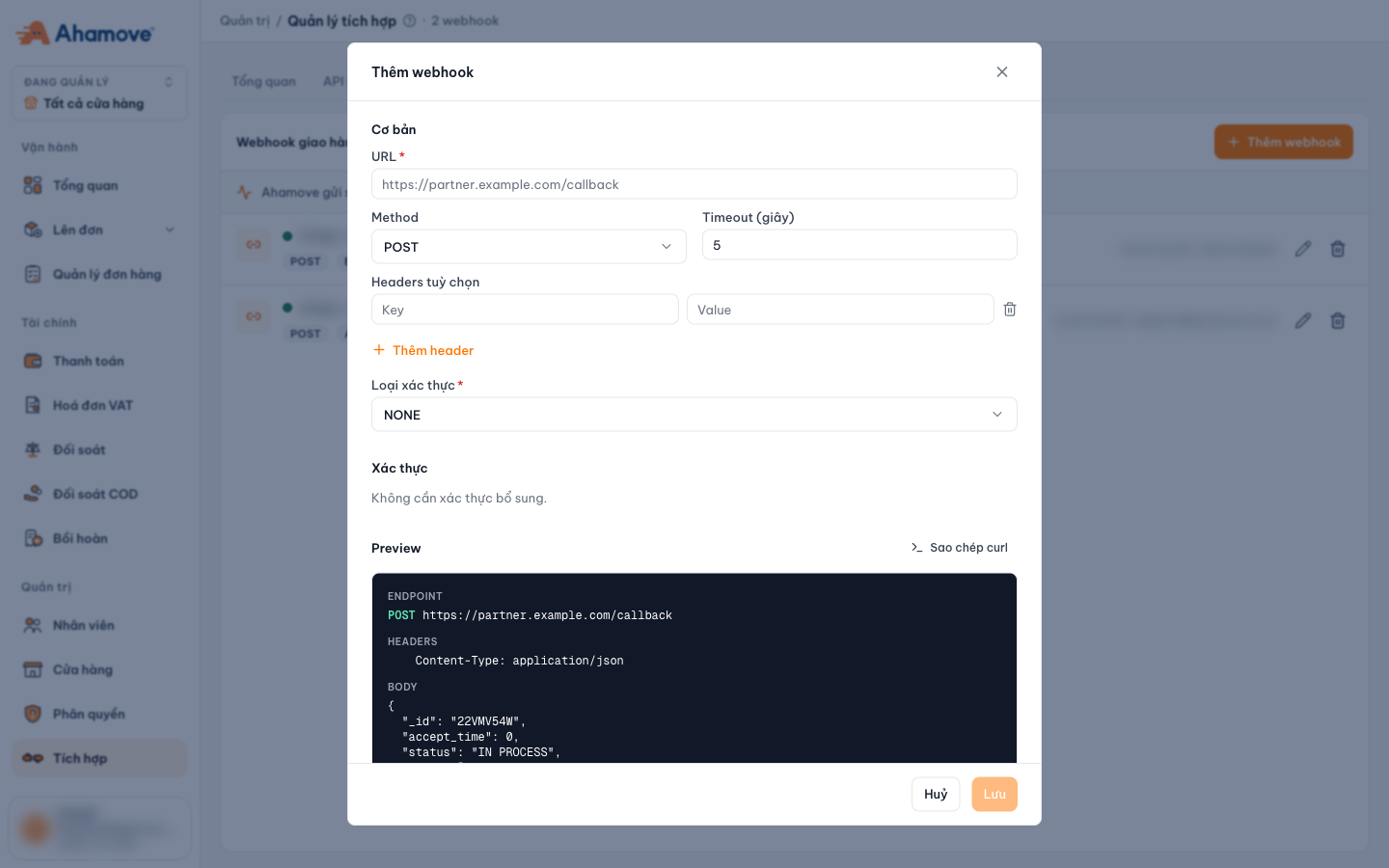 Add webhook form: URL, method, timeout, headers, authentication type and request preview