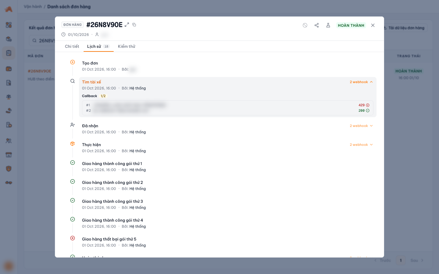 Lịch sử (History) tab: timeline of order events, with the webhook section of one step expanded