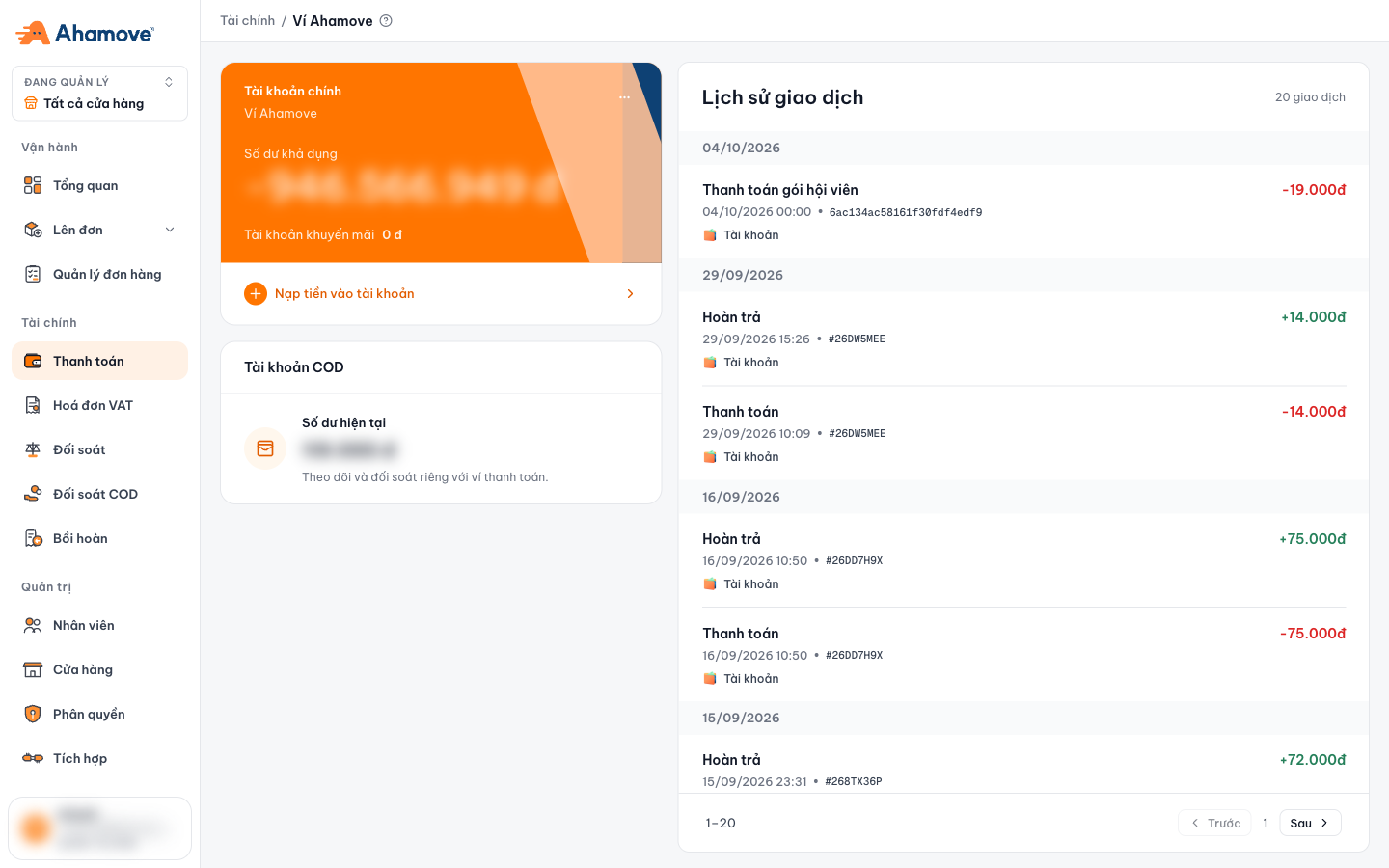 Ahamove wallet page ('Ví Ahamove'): main account, COD account and transaction history