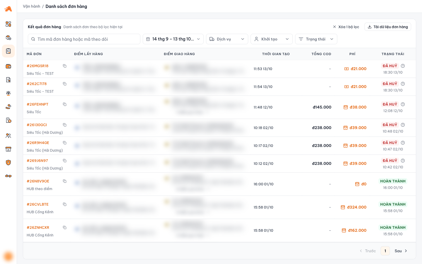 Order list with the search box and filters