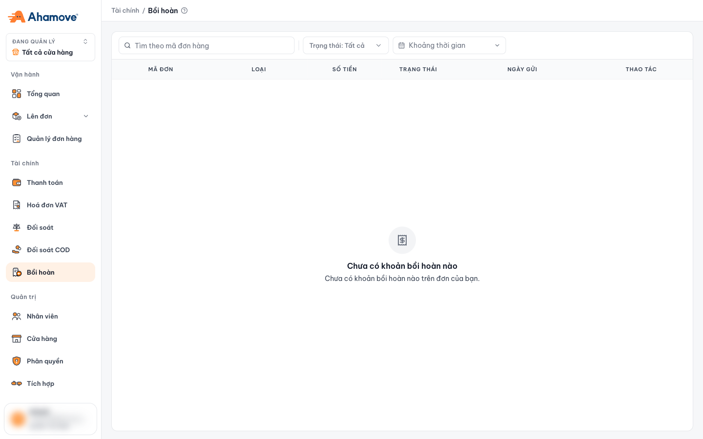 Reimbursement page (Bồi hoàn): status filter, time range and table of reimbursement items