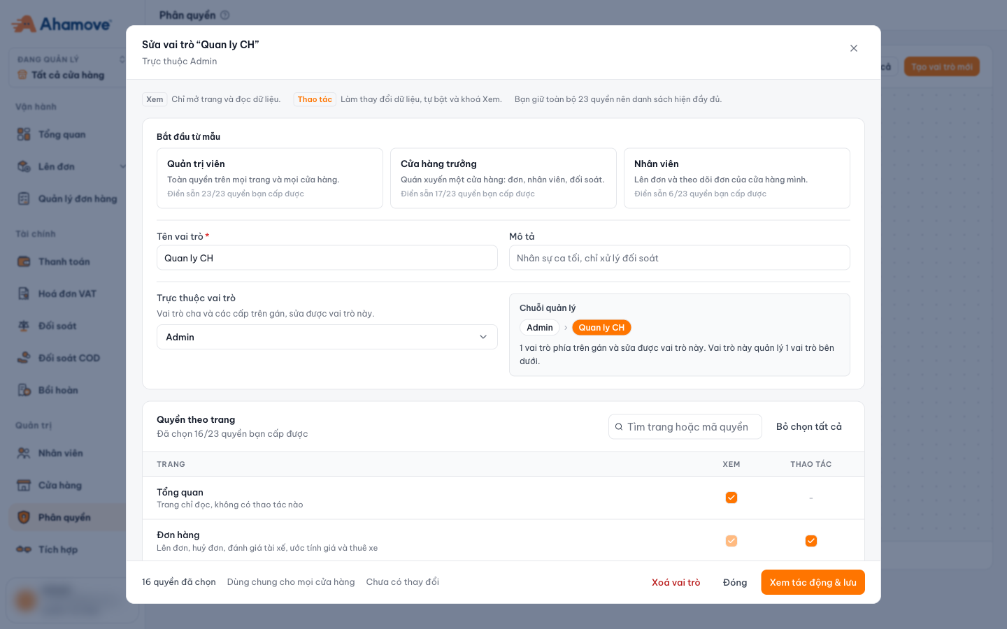 The 'Sửa vai trò' (Edit role) dialog: ready-made templates, name, parent role, management chain and permission table