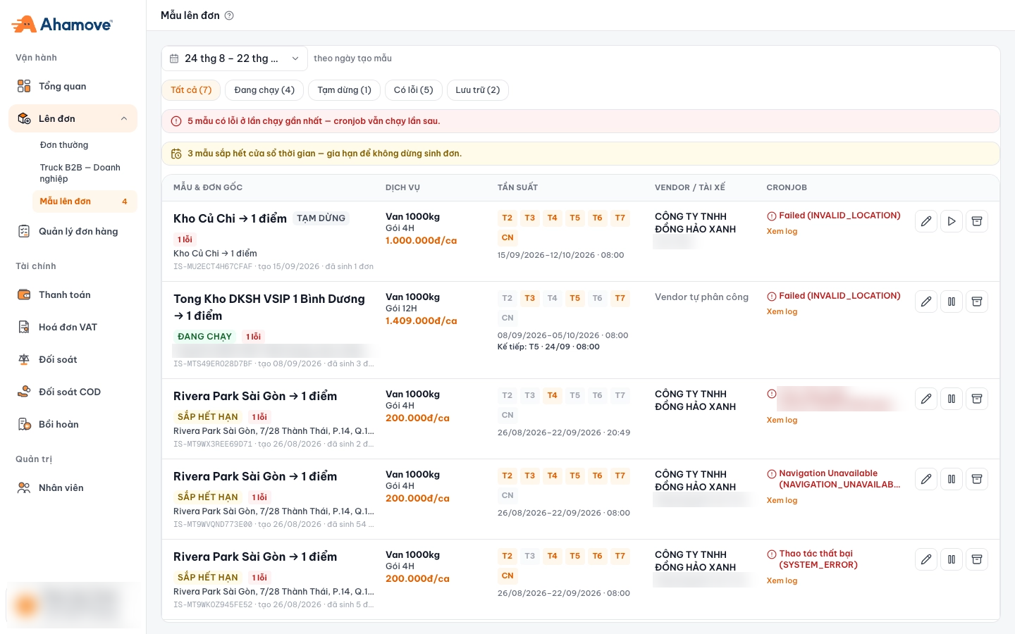 Order templates page: status filter, 2 warning lines and the template list