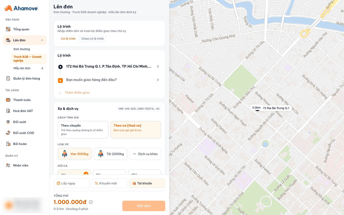 Truck B2B order screen: route, pricing method, vehicle type and shift package