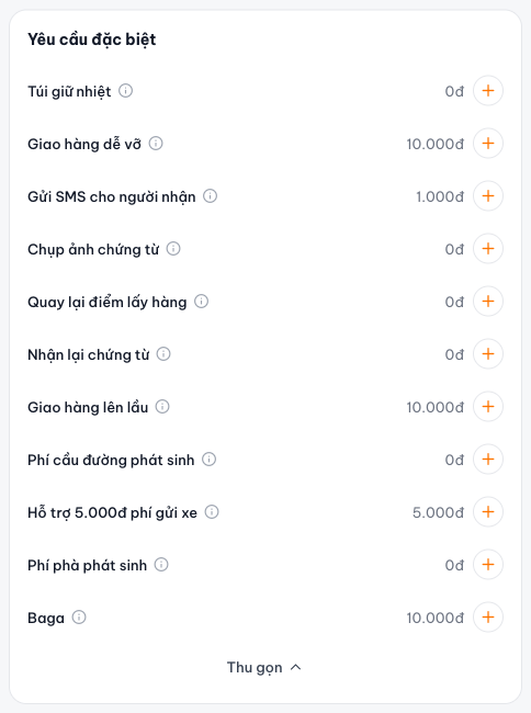 Danh sách yêu cầu đặc biệt kèm phụ phí (đã mở rộng)