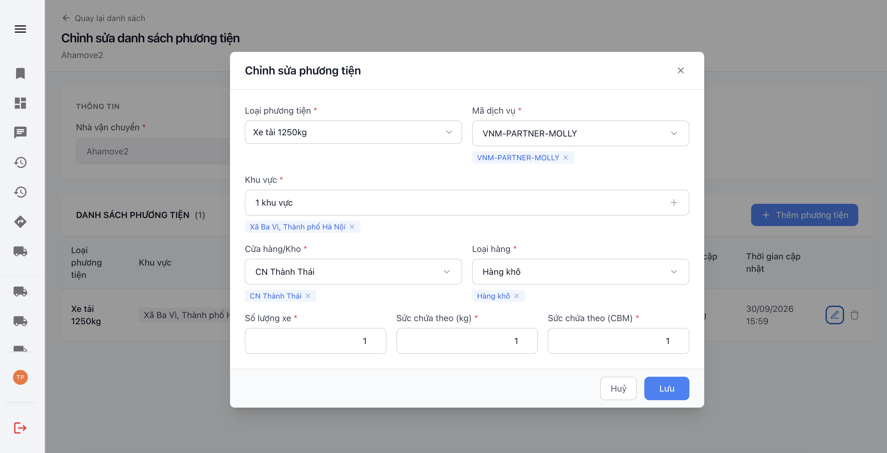 Popup chỉnh sửa thông tin loại phương tiện