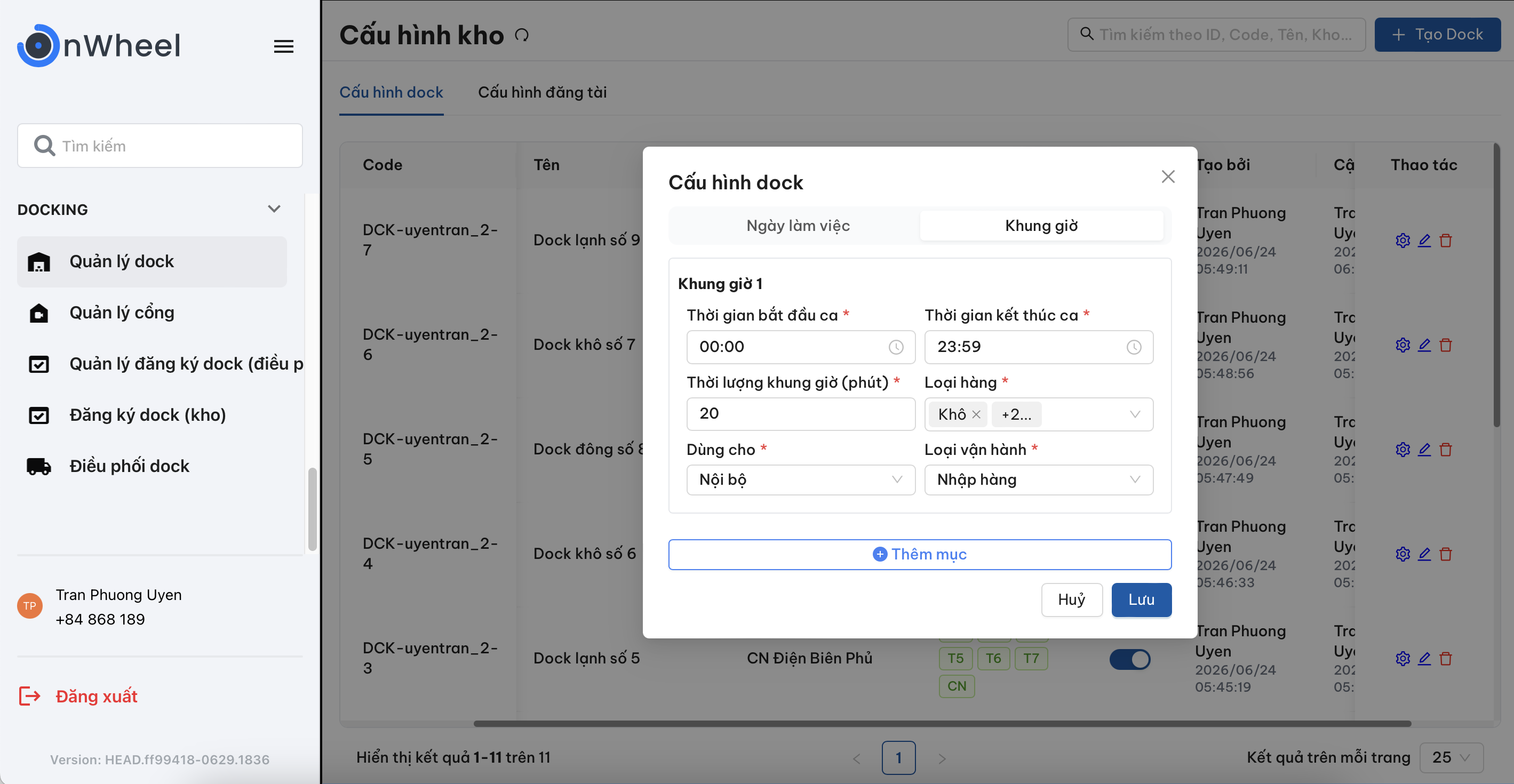Popup Cấu hình dock theo khung giờ