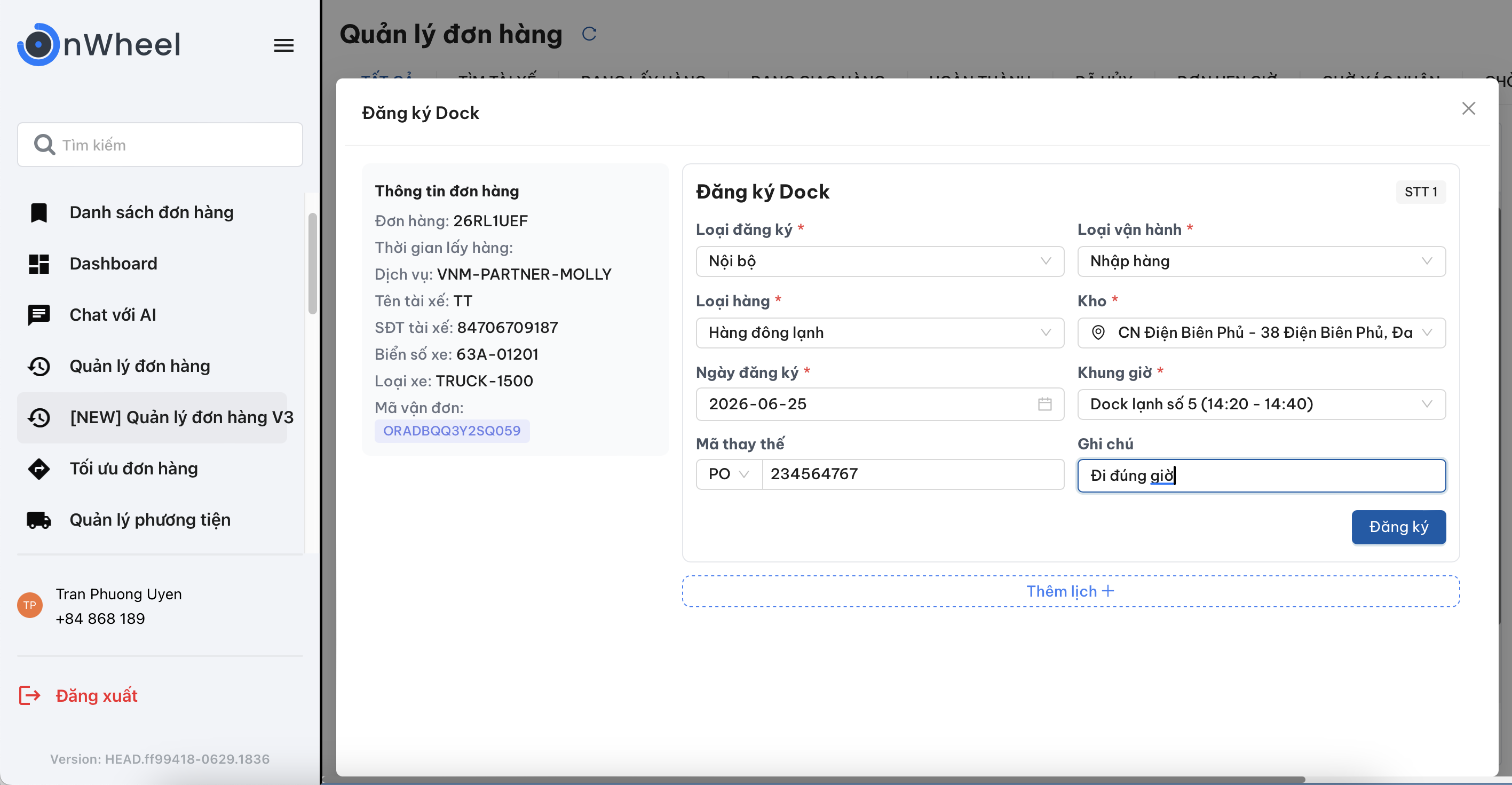 Popup đăng ký dock dành cho đơn hàng v ận hành nội bộ