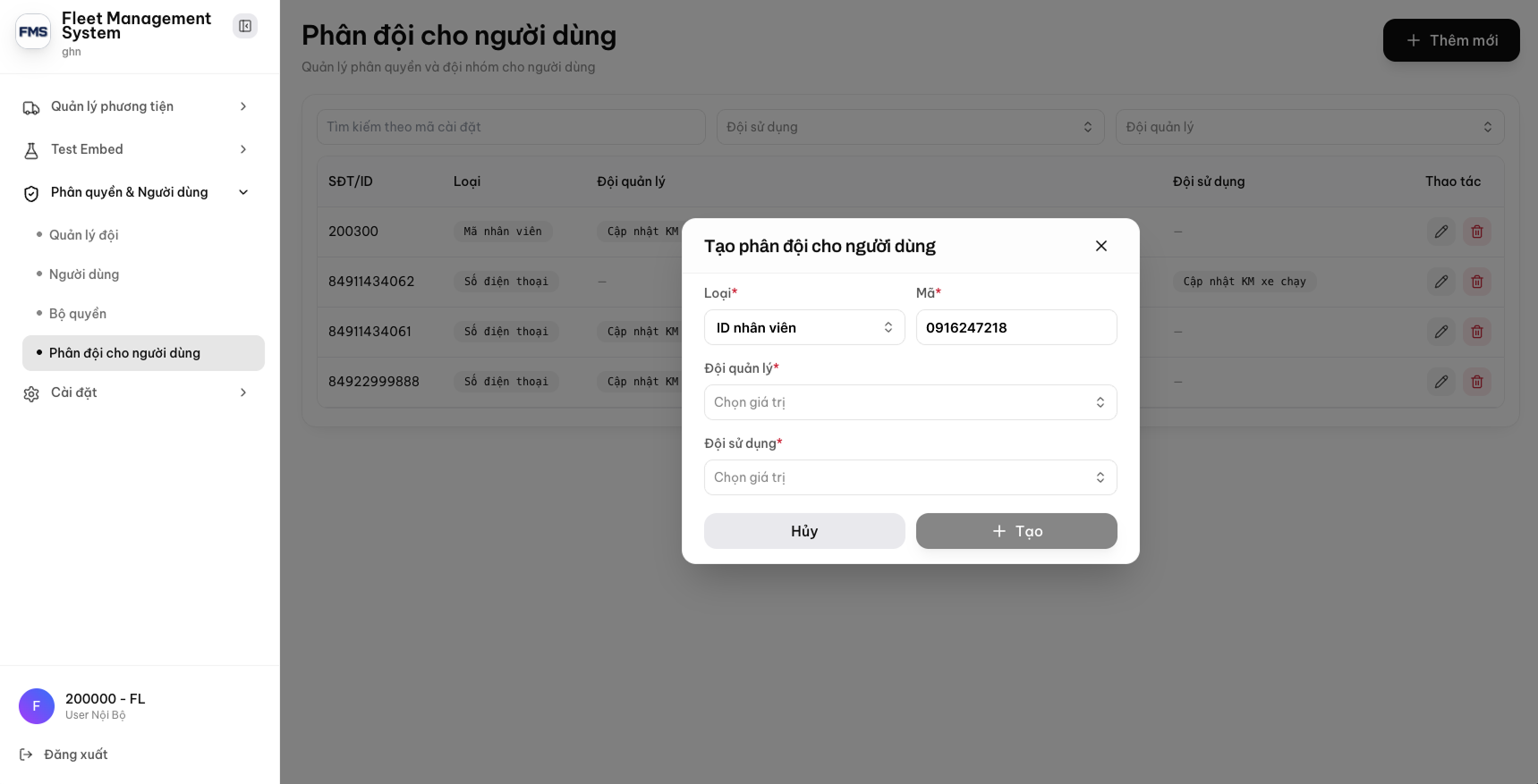 Popup Tạo phân đội cho người dùng