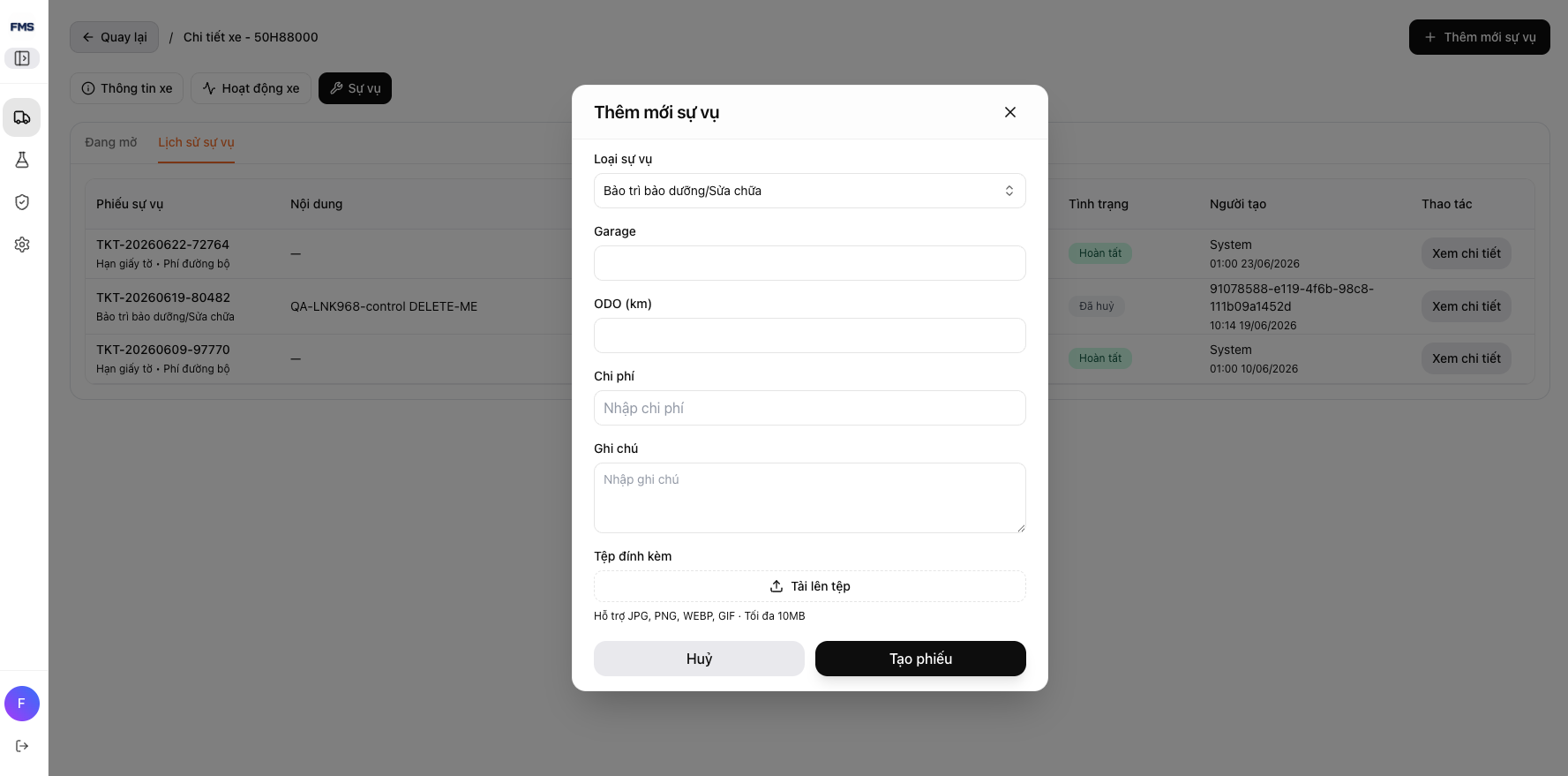 Popup tạo phiếu sự vụ