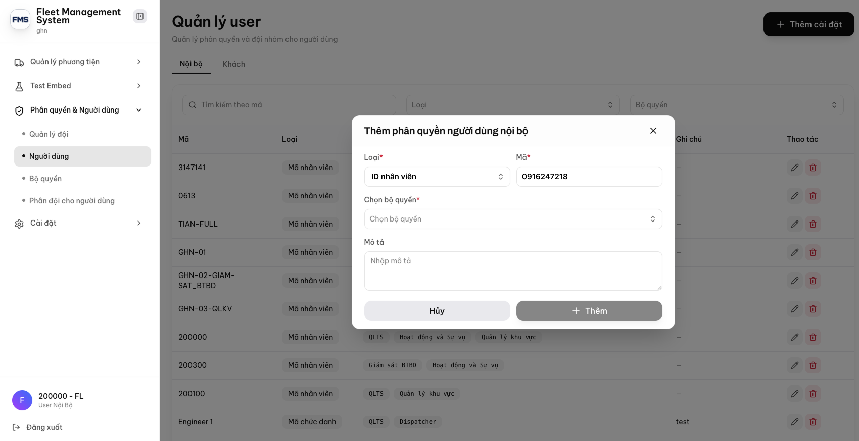 Popup Thêm phân quyền người dùng nội bộ