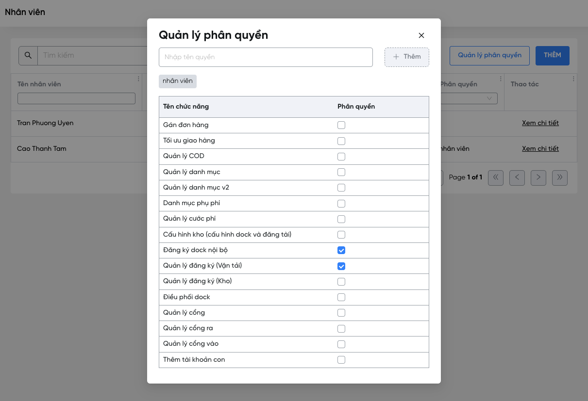 Popup Quản lý phân quyền
