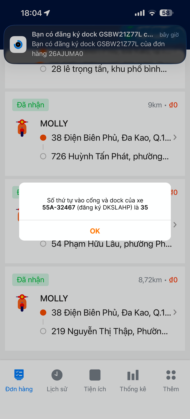 Thông báo đã đăng tài trên App Driver