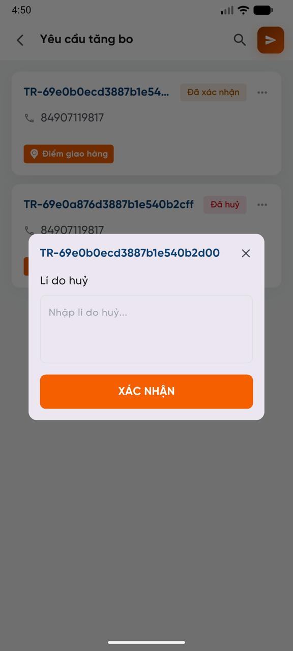 Popup nhập lý do huỷ