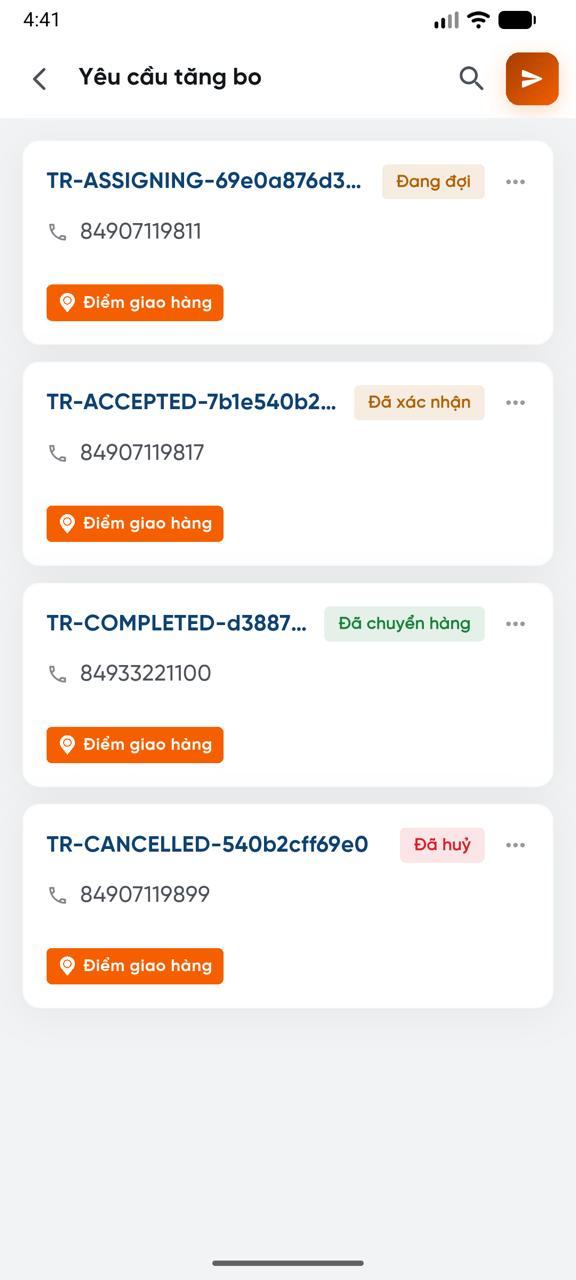 Danh sách yêu cầu tăng bo